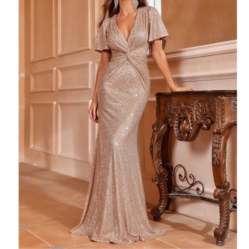 Champagne Plunging Neck Butterfly Sleeve Party Formal Wedding Dress XS S M L XL